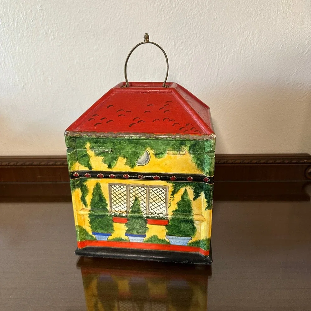 Vtg Foreside Hand Painted Wood Cottage Jewelry Box House 2 Drawer India